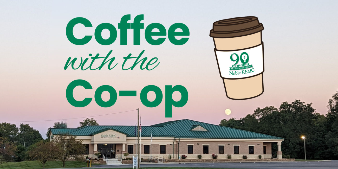 Photo of front of our office with a coffee cup graphic overlaid